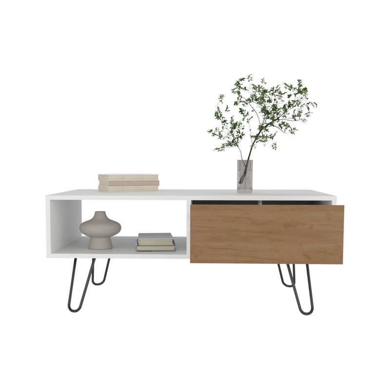 Table basse en chêne blanc et naturel avec 1 tiroir et pieds en épingle à cheveux