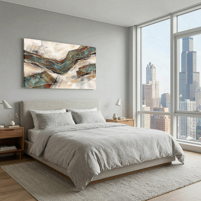 Toile abstraite abstraite sarcelle rouille et beige, L 58 po x H 28 po