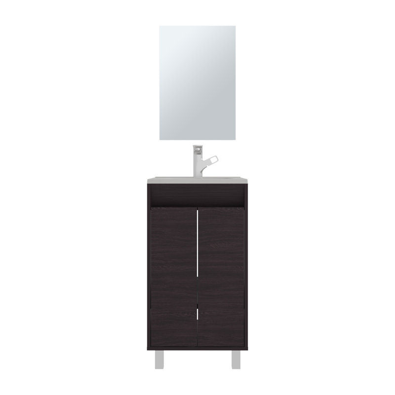 Ensemble de salle de bain, armoire avec lavabo + miroir, 2 portes, 4 pieds, 2 tablettes, 1 miroir, Noir