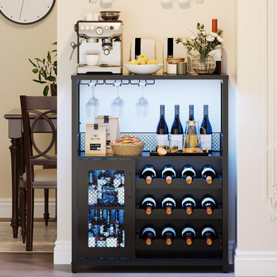 Armoire à vin avec éclairage à DEL, buffet de café moderne, armoire à boissons en bois avec porte-verre et tablettes réglables, armoire à vin et verres à vin