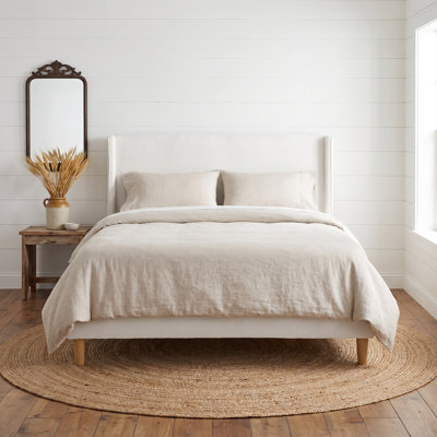 Janine Corduroy Upholstered Wingback Bed with Slat Kit and Solid and Manufactured Wood Frame