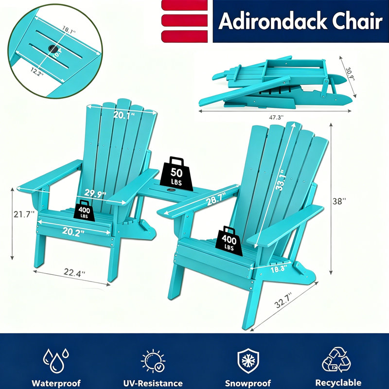 Set Of 2 Folding-Adirondack-Chairs With Connecting Tray, Teal