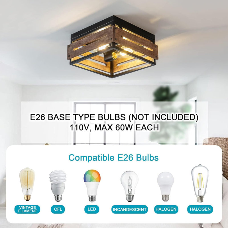 2-Light Flush Mount Ceiling Light Fixture Rustic Ceiling Light With Metal And Wood Farmhouse Light Fixture