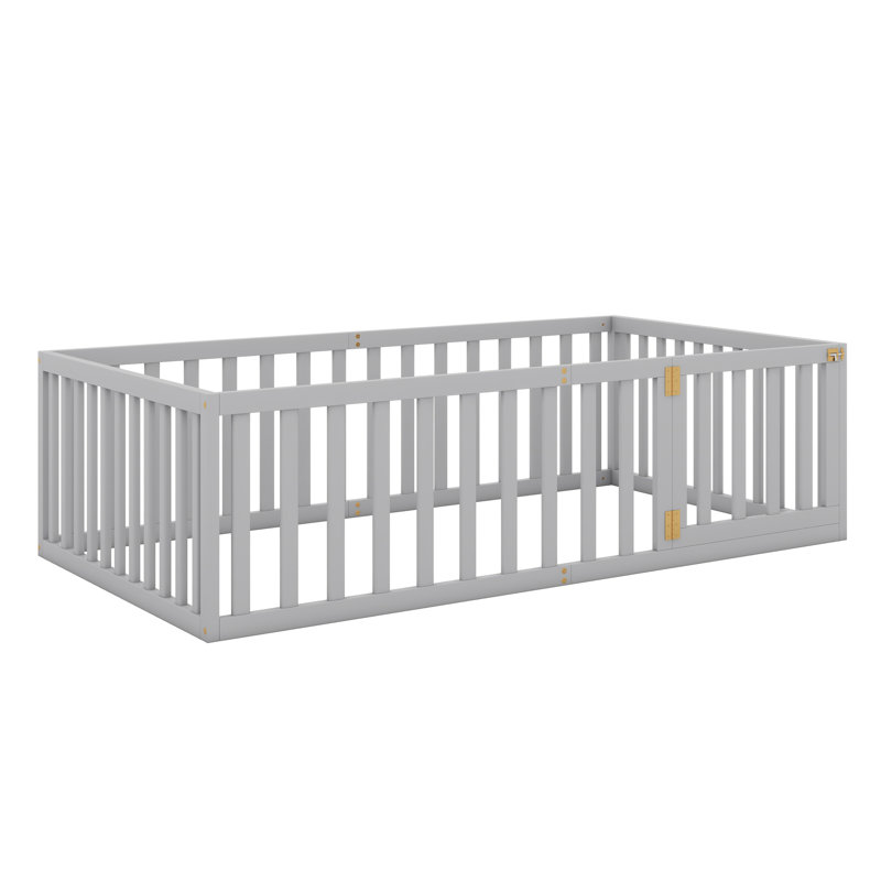 Structure de lit pour grand lit en bois avec clôture et porte pour chambre à coucher, gris, Grand, Gris