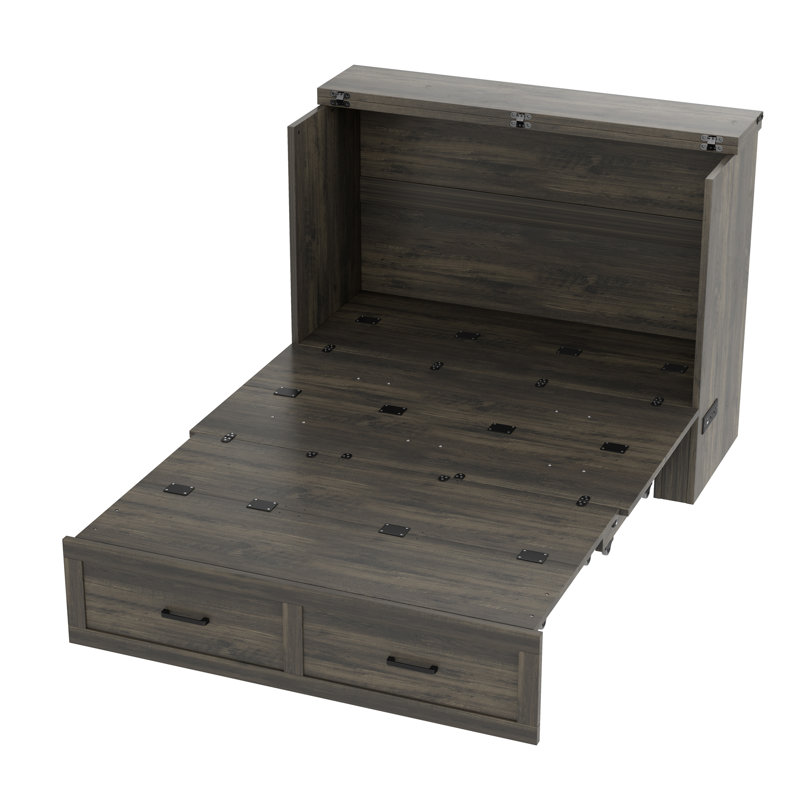 Armoire lit escamotable double avec station de charge, lit plateforme pliable multifonctionnel avec 1 grand tiroir de rangement pour chambre d'amis, petite chambre, gris rustique