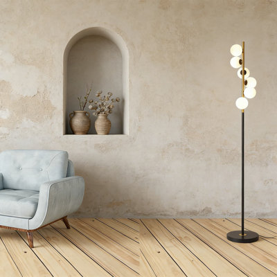 Mid-Century Modern Floor Lamp With 6 Frosted Glass Globes, Smart Home Compatible LED Standing Lamp For Living Room, Bedroom, And Office