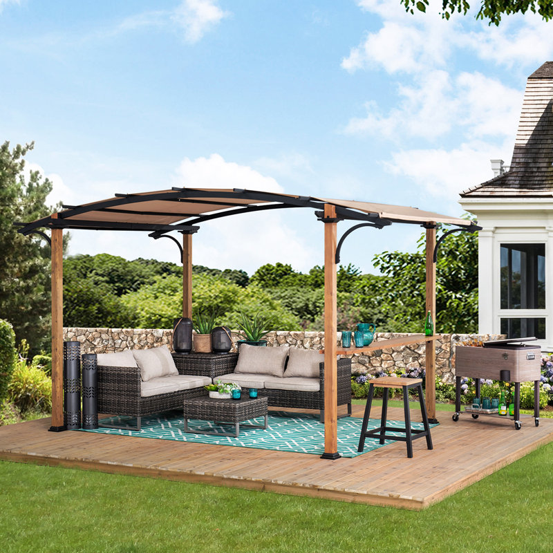 Sunjoy Outdoor Pergola 8.5 x 13 ft. Steel Arched Pergola with Tan Weather-Resistant Fabric Canopy for Patio, Backyard, Garden Activities