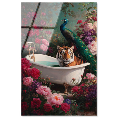 «Tiger and Peacock Bath II», reproduction de salle de bain Glam par Art Remedy, prête à être suspendue, 24 x 36