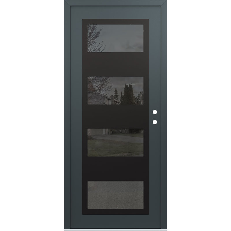 Porte d'entrée pré-suspendue à panneau en acier noir anthracite / anthracite, Miroitant, S'ouvre à gauche vers l'intérieur