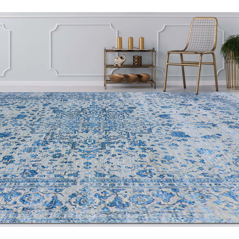 Tapis argenté et bleu clair noué à la main de haute qualité, Rectangle de 10 pi x 14 pi