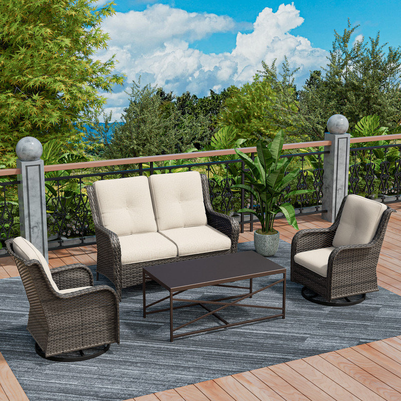 4-Pieces Wicker Outdoor Patio Furniture Set Rattan Chair Wicker Set with Beige Cushion, Beige