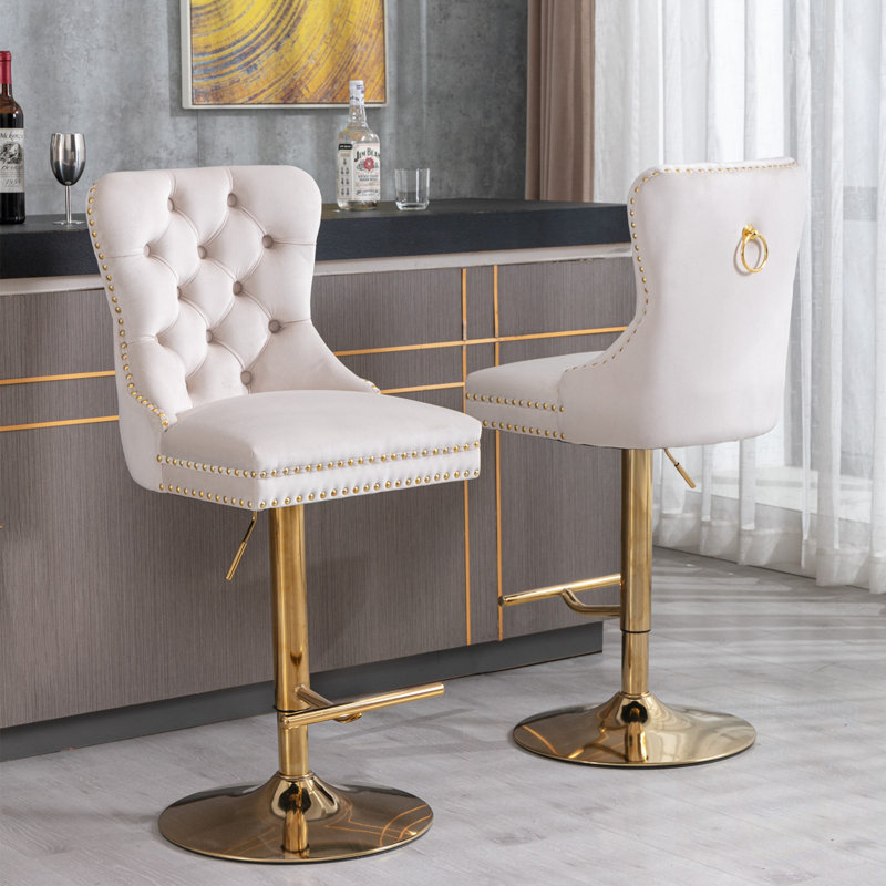 Ensemble de 2 tabourets de bar pivotants à hauteur réglable et dossier capitonné, Doré, Beige