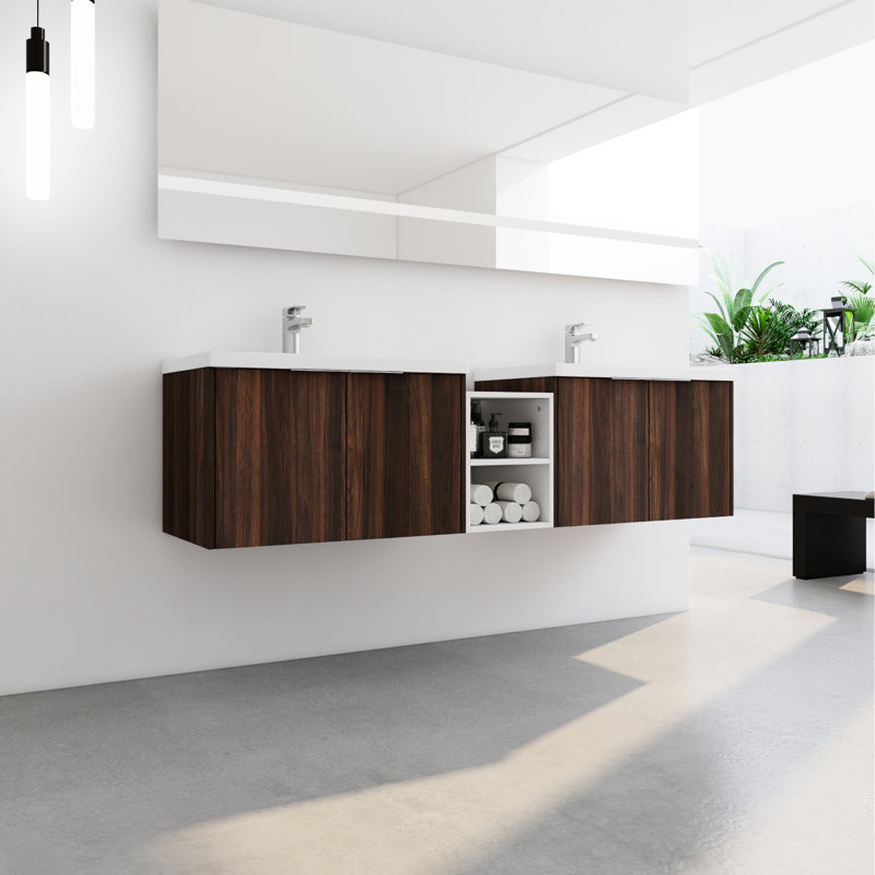 Meuble-lavabo moderne avec portes à fermeture en douceur de 72 po, armoire de 30 po et 12 po, rangement supplémentaire, finition murale noyer
