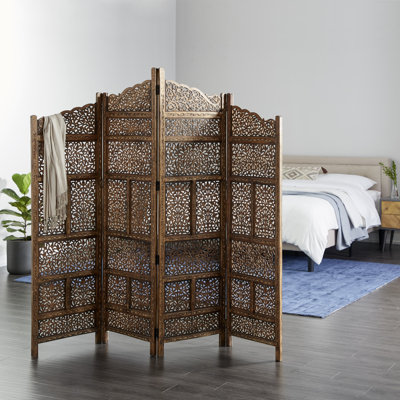 Paravent en bois pliable à 4 panneaux avec motifs sculptés complexes