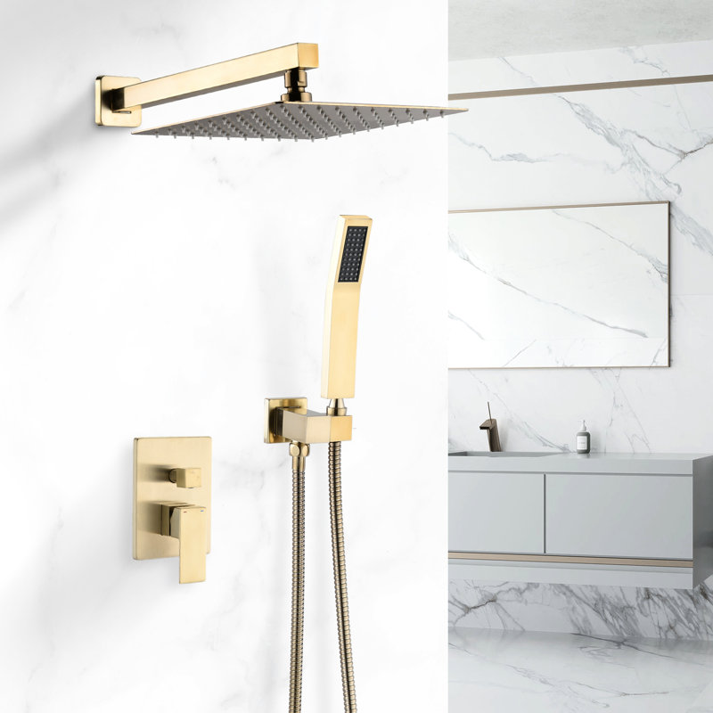 Brushed Gold 10 Inch Wall Mounted Shower System With Adjustable Head, Built - In Flow Control, And Tarnish Finish For Bathroom Elegance Lever Handle, Diverter, Scratch Feature Refresh