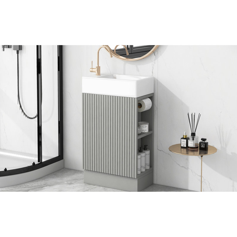 Meuble-lavabo gris 18,6 po avec planche et lavabo en céramique, tablette incluse, Gris