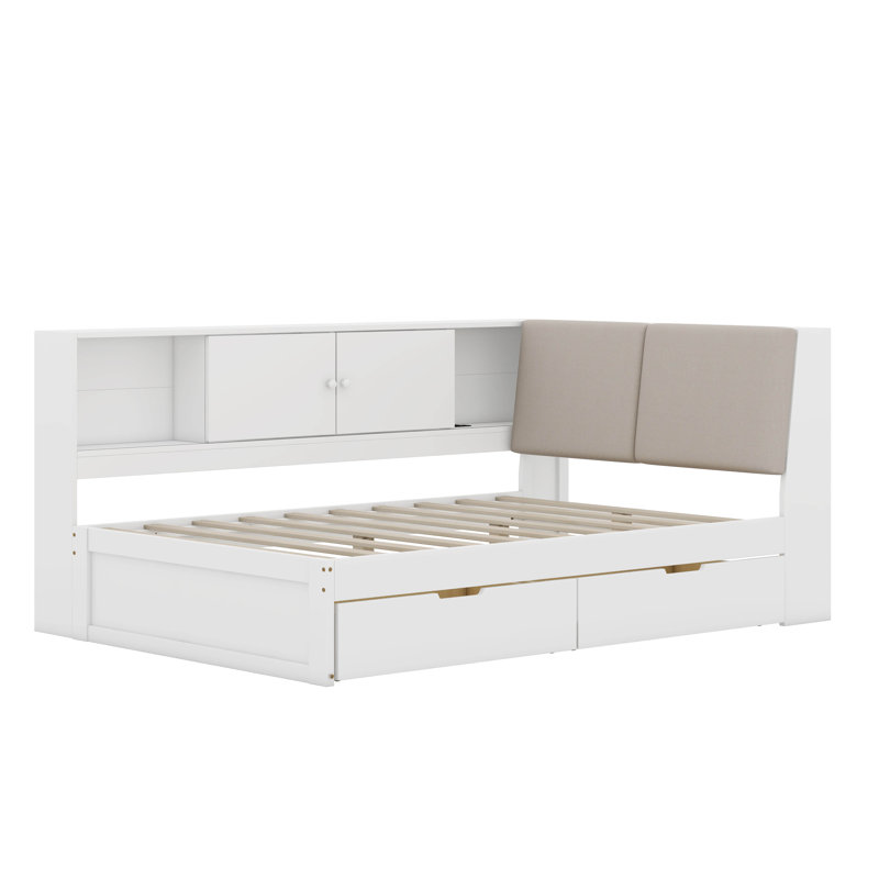 Full Size Corner Bed Frame With Storage Bookcase And Upholstered Headboard, Charging Station And Drawers, Full, White