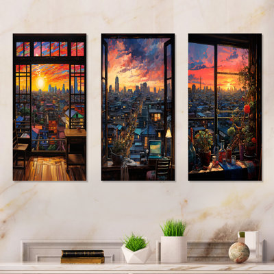 Coucher de soleil à Tokyo, fenêtre vue I - Japon, ensemble de 3 reproductions d'art mural