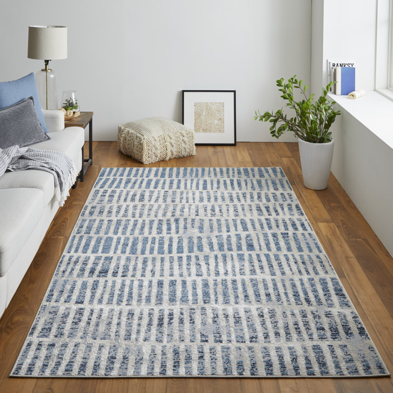 Tapis géométrique nomade, bleu / ivoire Gotay, Rectangle 4 pi 3 po x 6 pi 3 po