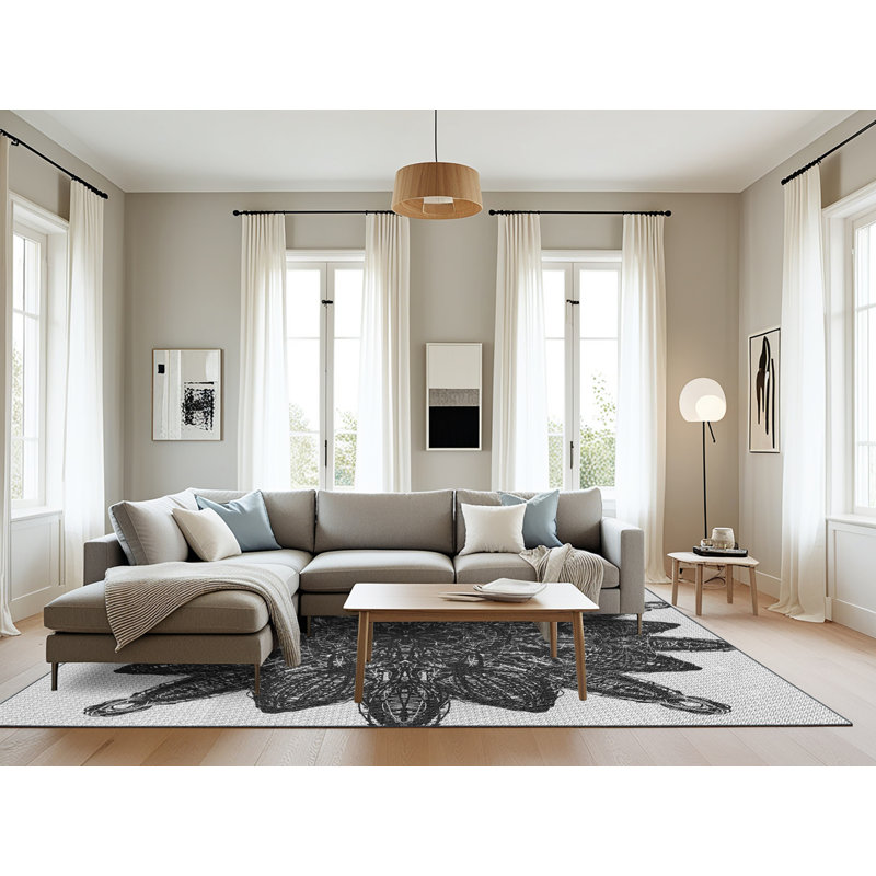 Tapis noir/gris tissé à la machine, Rectangle 8 pi x 10 pi