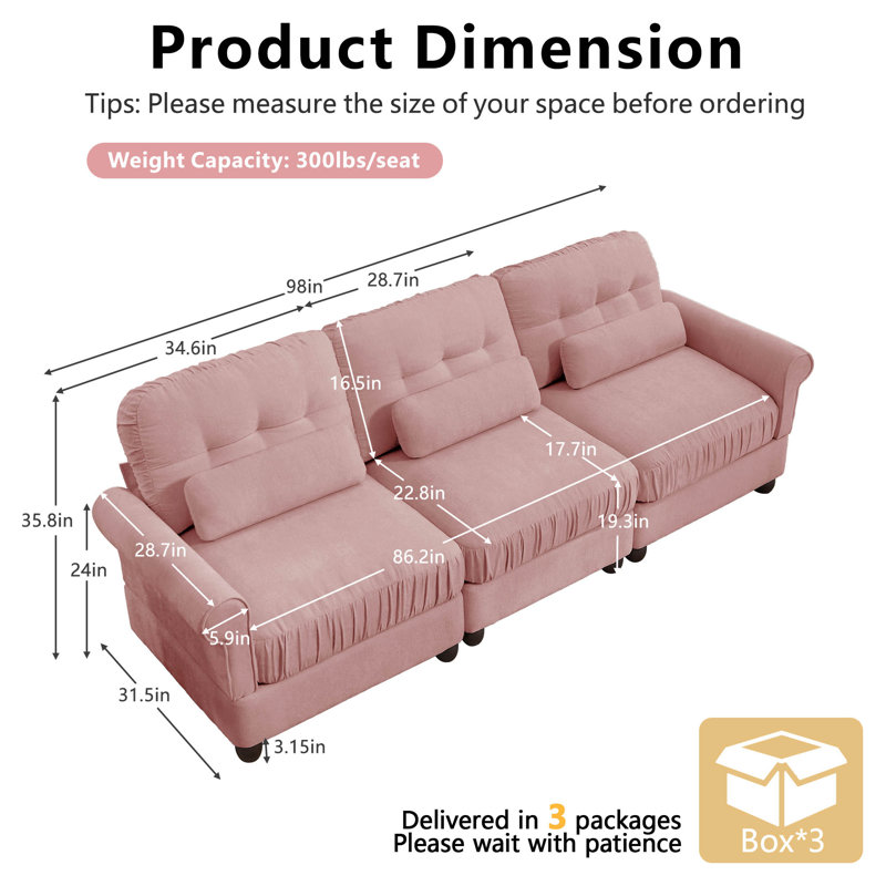 Canapé modulaire de 98 pouces en chenille avec 3 coussins lombaires, Rose, 3