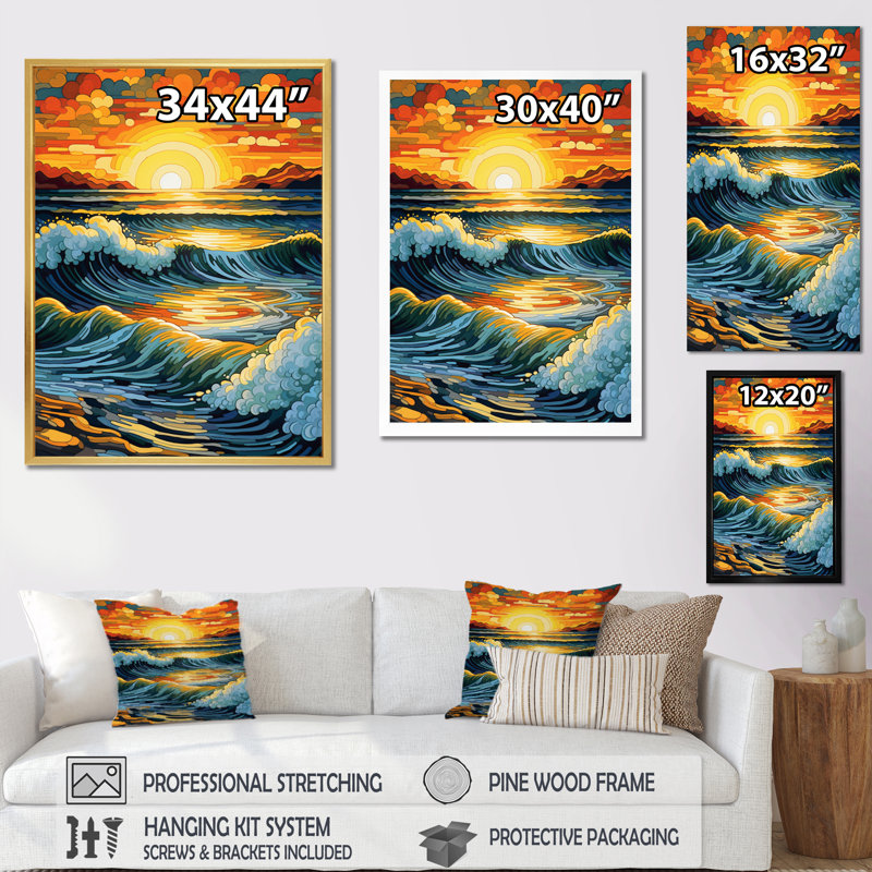 «Bright Sunset of Waves Breaking At The Shore III», reproduction sur toile, H 32 po x l 24 po x P 1 po, Cadre flottant doré