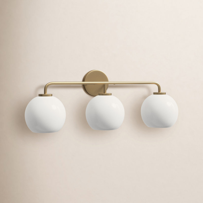 Childerley 26.5" W 3-Light Steel Vanity Light with Glass Globe Shades, Satin Brass, White