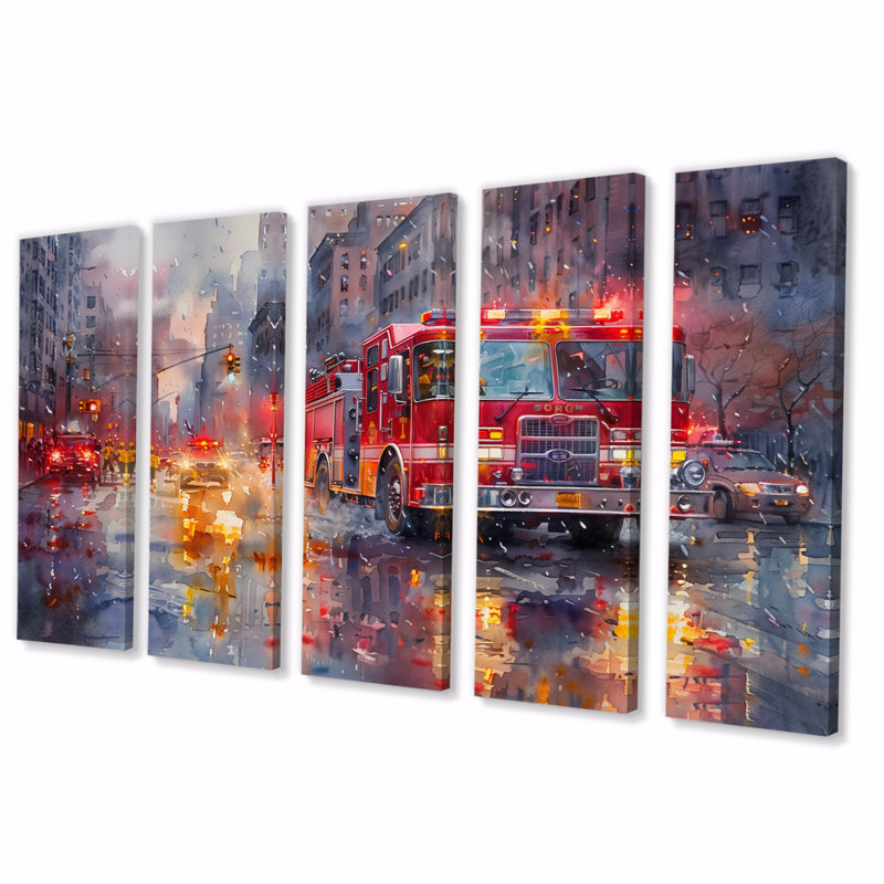 Camion de pompier rouge à New York I - ensemble d'art mural pompier, H 28 po x l 60 po