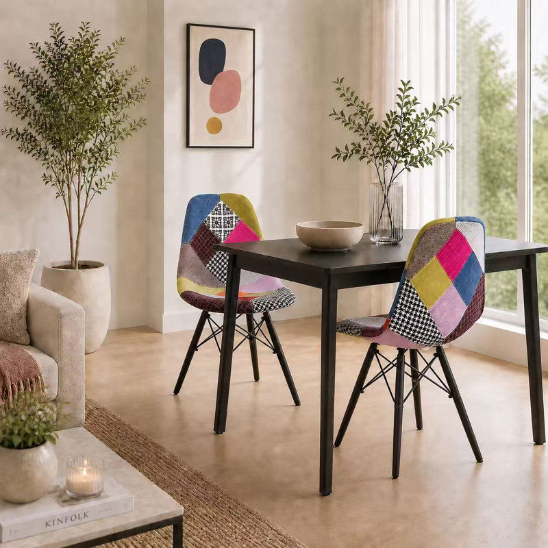 Mid Century Modern Patchwork Upholstered Dining Chair with Curved Seat, Solid Wood Legs and Metal Footrest for Kitchen Island, Breakfast Bar, Pub Table, Home Bar Muti Color