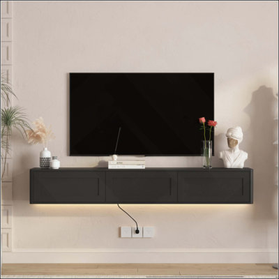 Meuble télé flottant, meuble télé mural avec lumières DEL et prise de courant, meuble télé ultrabrillant pour meuble télé pour salon