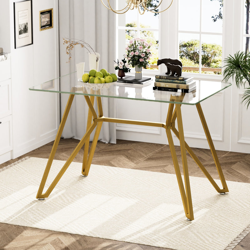 Table de salle à manger en verre doré de 47,3 po, surface lisse, pieds en métal trempé et expérience confortable, réunions de bureau