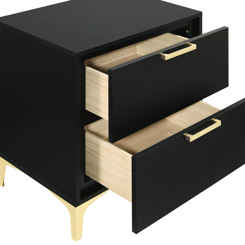 Table de chevet glamour noire et dorée - Esthétique de rangement moderne à 2 tiroirs, Noir