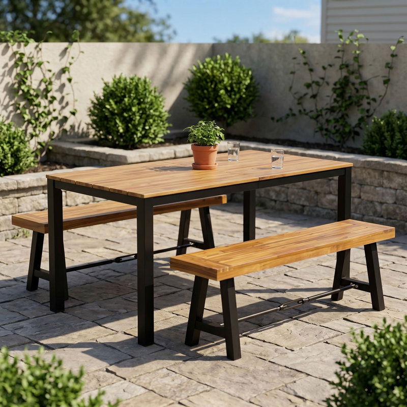 Ensemble de salle à manger d'extérieur 3 pièces en bois d'acacia et métal noir - Bois d'acacia de qualité supérieure