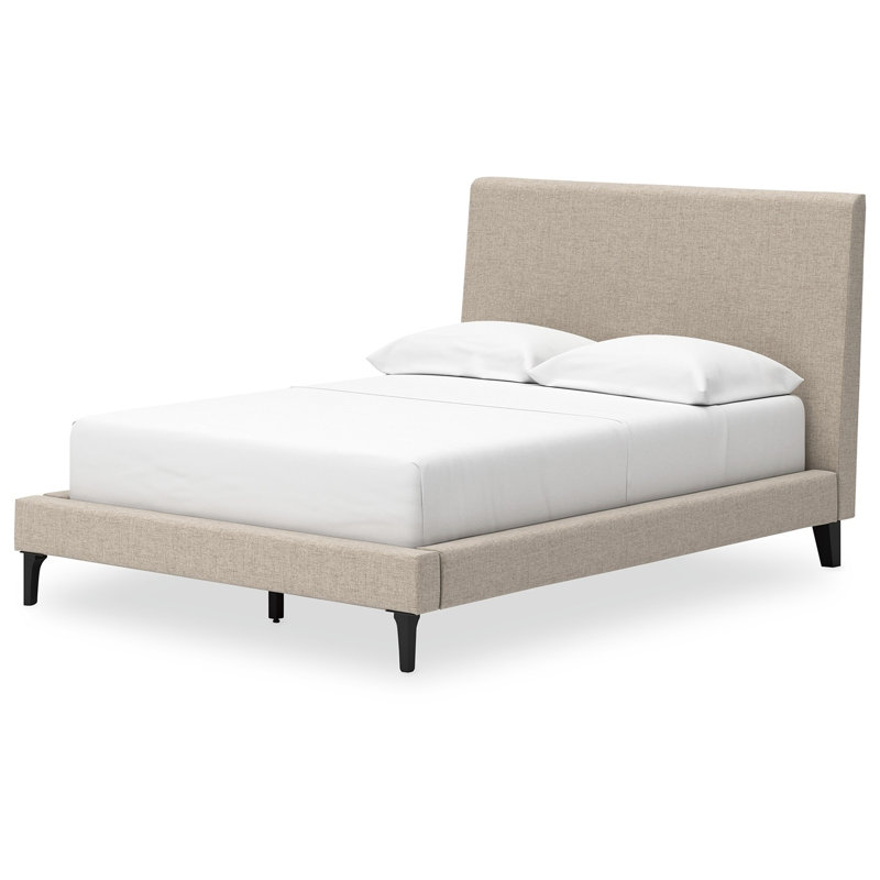 Lit à profil bas Ciel, tête de lit tapissier en polyester, gris, Double