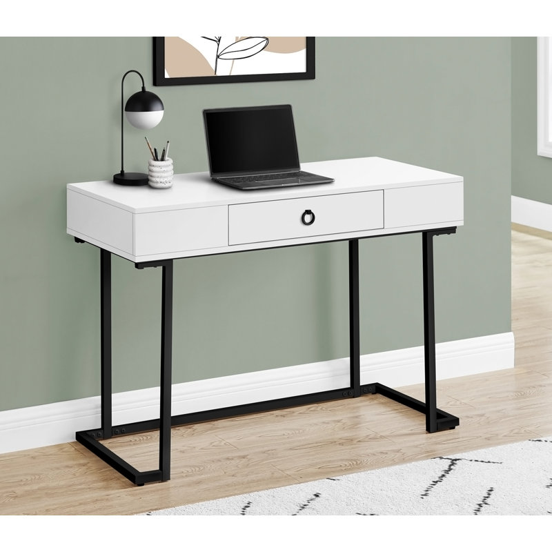 Bureau d'ordinateur moderne blanc brillant avec rangement, design contemporain pour le bureau à domicile et un ordinateur portable, taille compacte, structure en métal noir