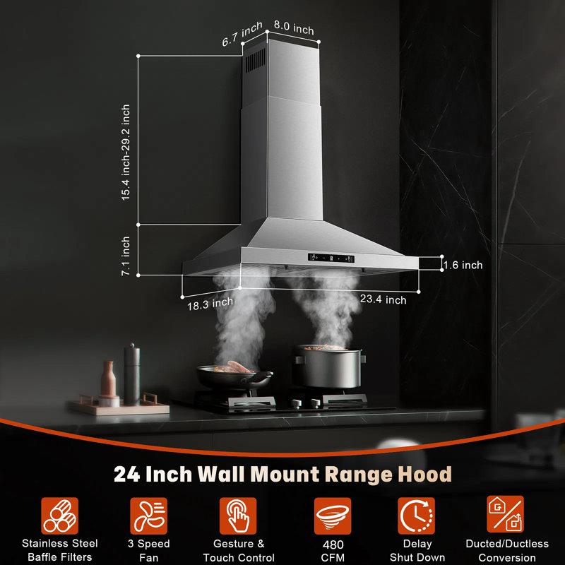 Hotte de cuisine murale, sans conduit / sans conduit avec fonction d'arrêt différé, 480 pieds cubes par minute, ventilateur à 3 vitesses, lumières à DEL écoénergétiques, contrôle doux du toucher / geste, filtres à graisse en acier inoxydable