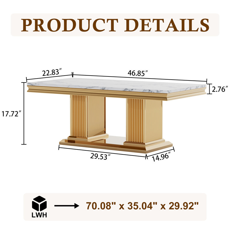 Table basse rectangulaire en acier inoxydable, Blanc, Doré