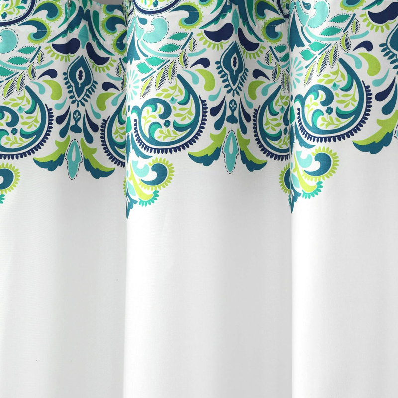 Rideau de douche bleu et vert en tissu imprimé de damas Boho