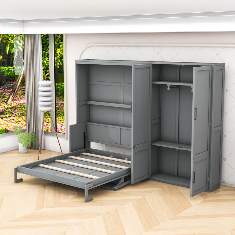 Grand lit escamotable en bois avec garde-robe et tablettes, gris