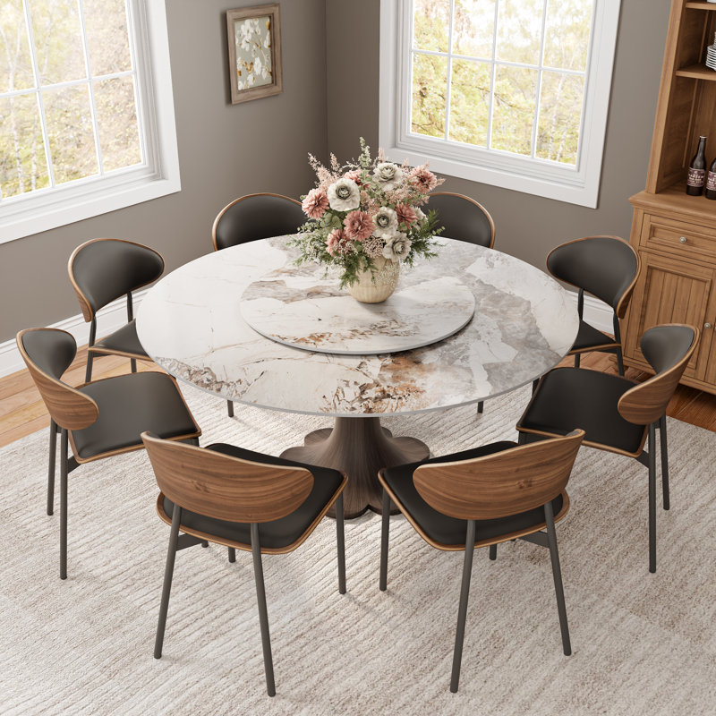 Table de salle à manger à motif floral noyer foncé de 4-8 places avec chaises pivotantes en cuir et chaises latérales rembourrées en cuir