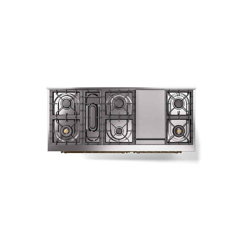 ILVE Nostalgie II 60 Dual Fuel Range, 9 Burners, Griddle, Natural Gas, Antique White/Brass