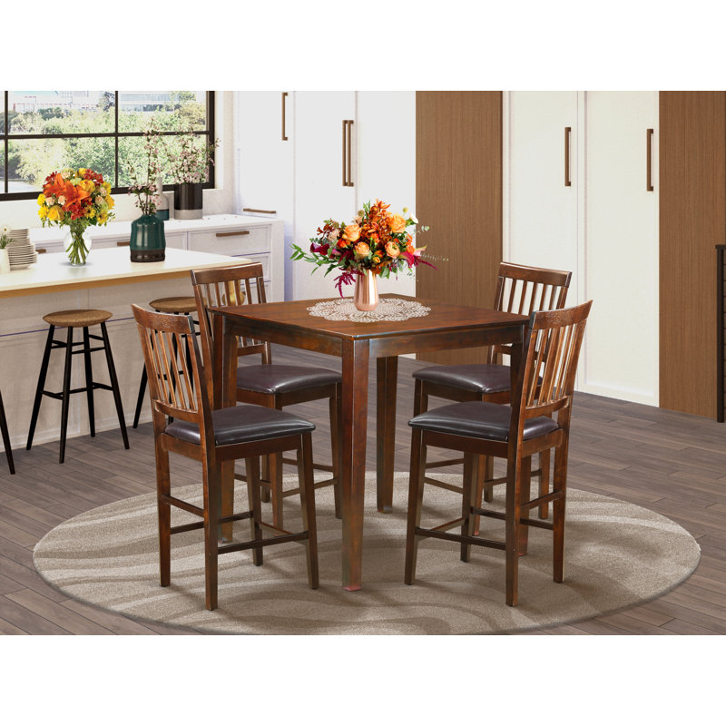 5 Piece Kitchen Counter Set Includes a Square Dining Room Table and 4 Faux Leather Dining Chairs, Mahogany, Mahogany