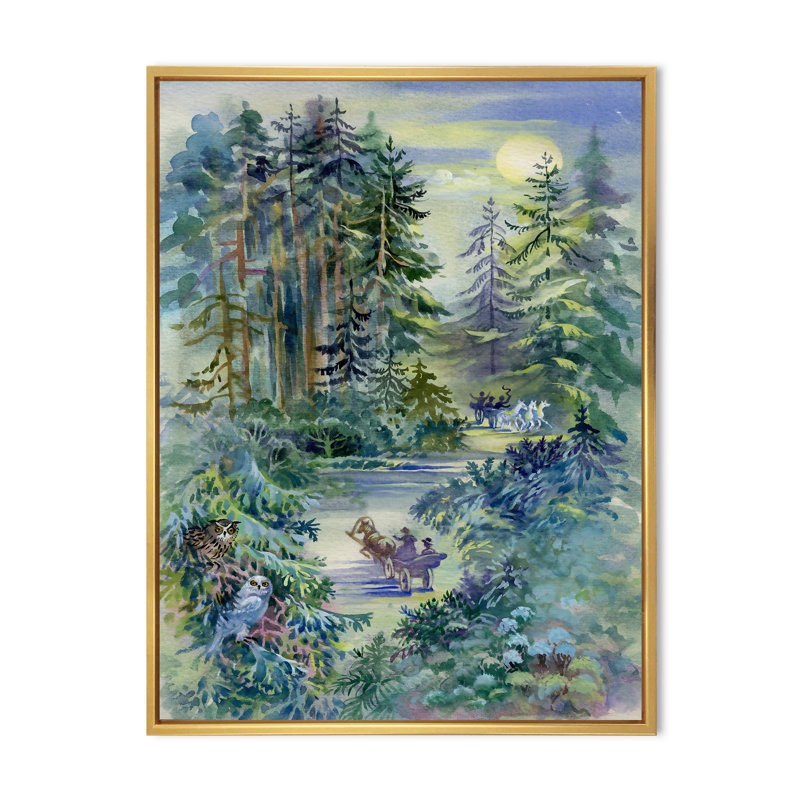 Forêt grunge la nuit - Peinture, H 20 po x l 12 po x P 1 po, Cadre flottant doré