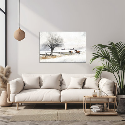 Grand paysage d'hiver sur toile, arbre enneigé, champ de chevaux, photo de Noël, affiche de ferme rétro, impressions sur toile, peinture pour salon, chambre à coucher, décoration de vacances, 32 po x 48 po