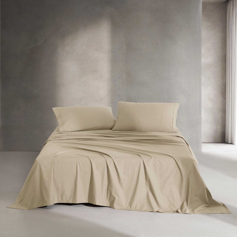 Calvin Klein Washed Cotton Percale Sheet Set, Light Beige, Queen Sheet Set with 2 Pillowcases