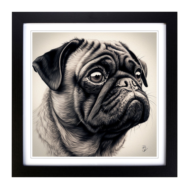 Pug Drawing - Single Picture Frame Print on Wood, Black