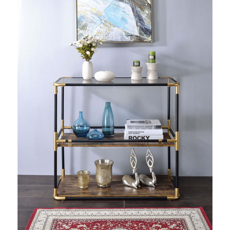 Hymes Industrial Rectangular Console Table with Smoky Glass Top in Black and Gold