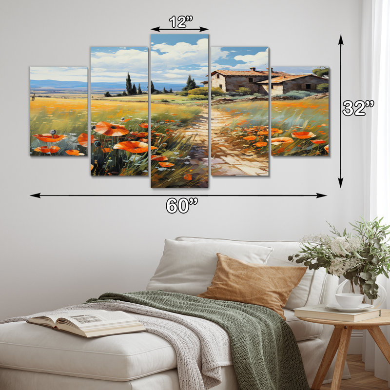 Espagne, champs de coquelicots en Andalousie - ferme, reproduction d'art sur toile - 5 panneaux