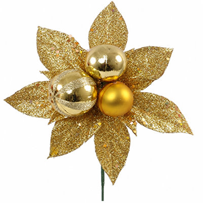 Poinsettia doré 7 po - fleur dorée scintillante avec 3 boules décoratives, parfait pour les décorations des fêtes, les couronnes, les guirlandes et les décorations de Noël