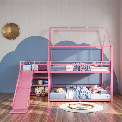 Lit superposé en métal robuste et robuste avec escalier de rangement, glissade, rails de sécurité